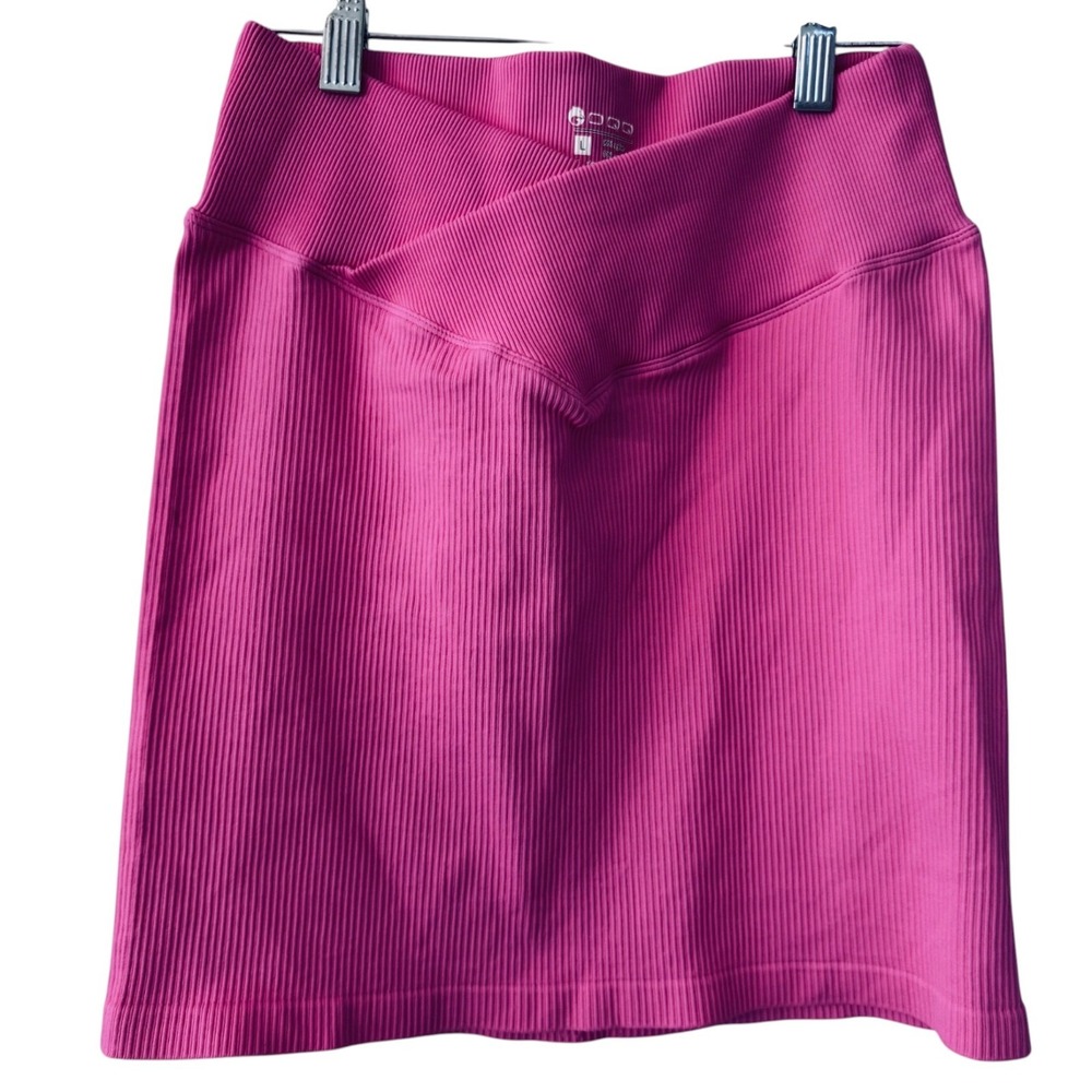 OQQ Hot Pink Ribbed Mini Skirt Large Crossover Waist Y2K Balletcore Bodycon Chic